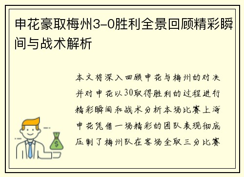 申花豪取梅州3-0胜利全景回顾精彩瞬间与战术解析