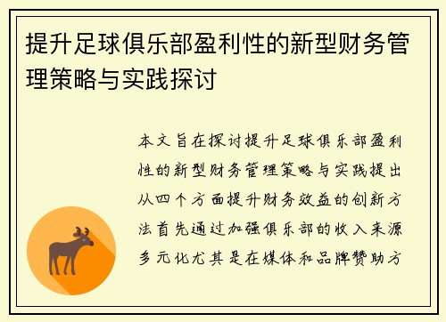 提升足球俱乐部盈利性的新型财务管理策略与实践探讨